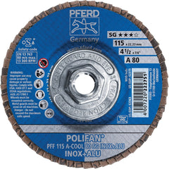 PFERD - Flap Discs; Abrasive Type: Coated ; Flap Disc Type: Type 27 ; Disc Diameter (Inch): 4-1/2 ; Abrasive Material: Aluminum Oxide ; Grit: 80 ; Attaching System: Threaded Hole - Exact Tool & Supply