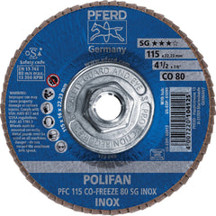 PFERD - Flap Discs; Abrasive Type: Coated ; Flap Disc Type: Type 29 ; Disc Diameter (Inch): 4-1/2 ; Abrasive Material: Ceramic Oxide ; Grit: 80 ; Attaching System: Threaded Hole - Exact Tool & Supply