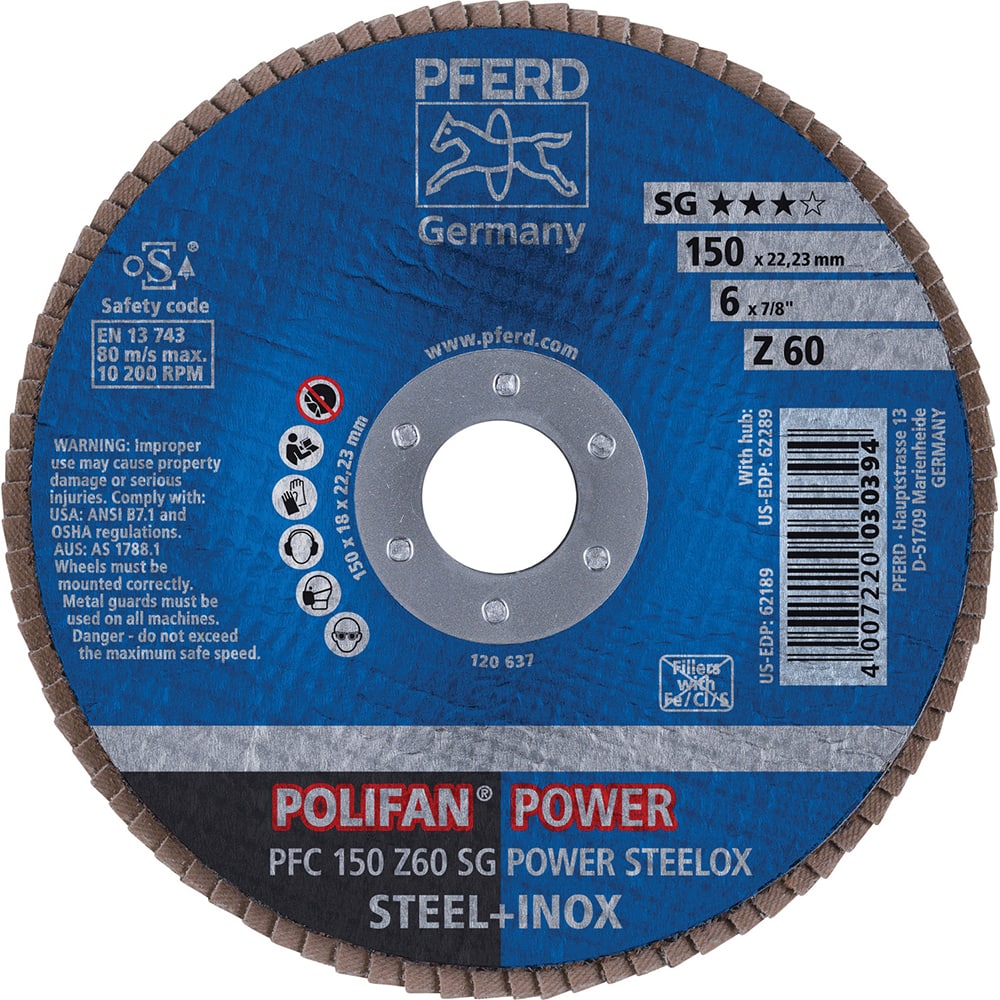 PFERD - Flap Discs; Abrasive Type: Coated ; Flap Disc Type: Type 29 ; Disc Diameter (Inch): 6 ; Abrasive Material: Zirconia Alumina ; Grit: 60 ; Attaching System: Arbor - Exact Tool & Supply