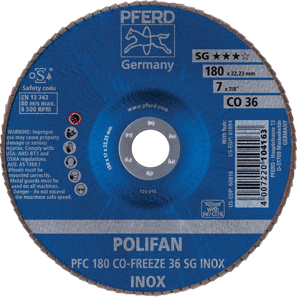 PFERD - Flap Discs; Abrasive Type: Coated ; Flap Disc Type: Type 29 ; Disc Diameter (Inch): 7 ; Abrasive Material: Ceramic Oxide ; Grit: 36 ; Attaching System: Arbor - Exact Tool & Supply