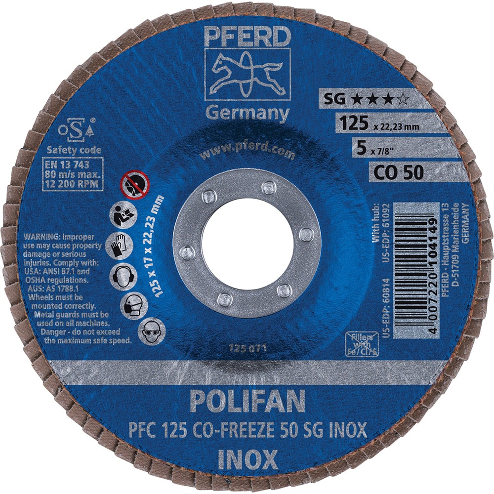 PFERD - Flap Discs; Abrasive Type: Coated ; Flap Disc Type: Type 29 ; Disc Diameter (Inch): 5 ; Abrasive Material: Ceramic Oxide ; Grit: 50 ; Attaching System: Arbor - Exact Tool & Supply
