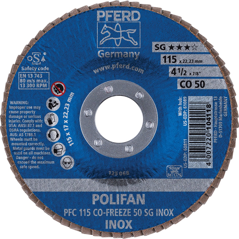PFERD - Flap Discs; Abrasive Type: Coated ; Flap Disc Type: Type 29 ; Disc Diameter (Inch): 4-1/2 ; Abrasive Material: Ceramic Oxide ; Grit: 50 ; Attaching System: Arbor - Exact Tool & Supply