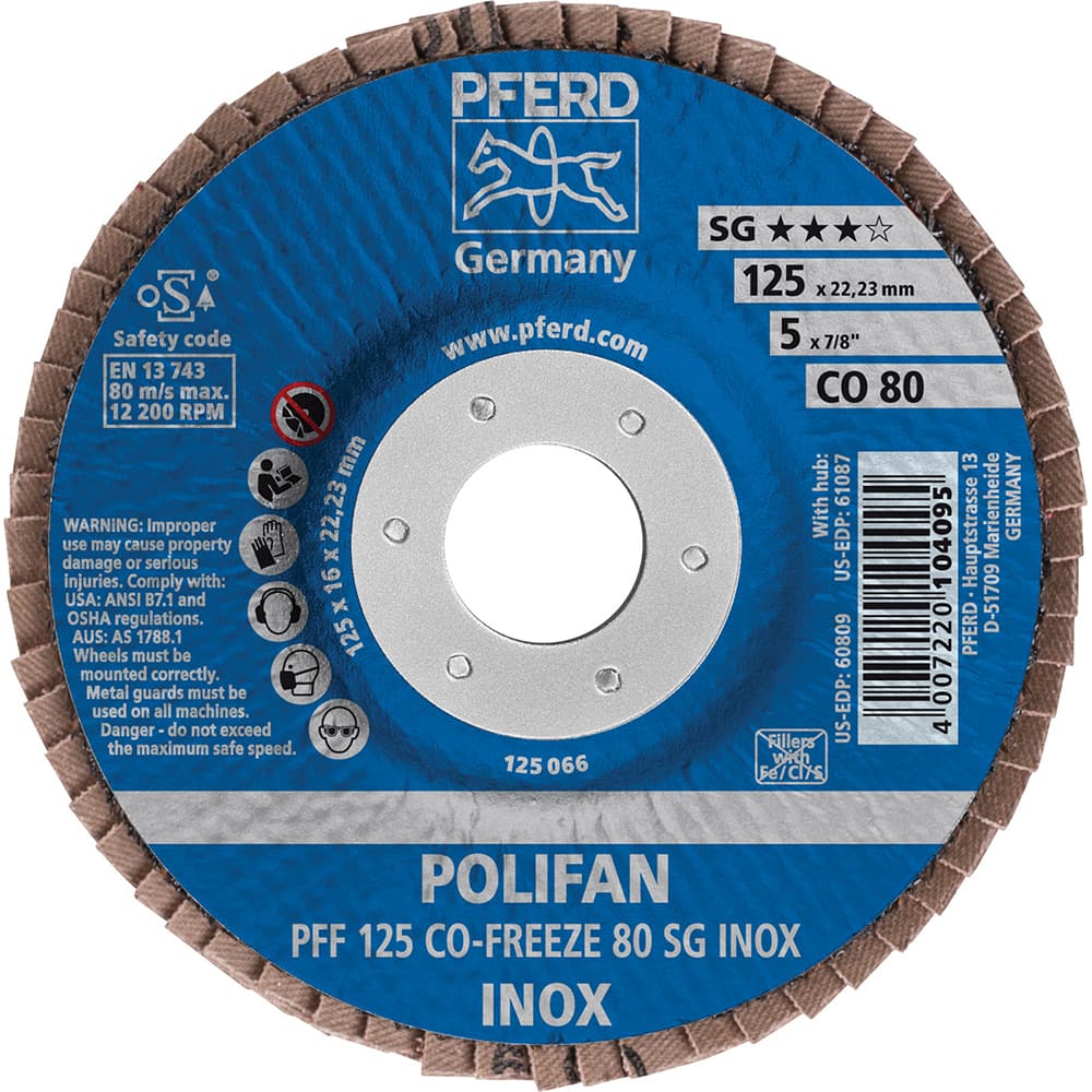 PFERD - Flap Discs; Abrasive Type: Coated ; Flap Disc Type: Type 27 ; Disc Diameter (Inch): 5 ; Abrasive Material: Ceramic Oxide ; Grit: 80 ; Attaching System: Arbor - Exact Tool & Supply