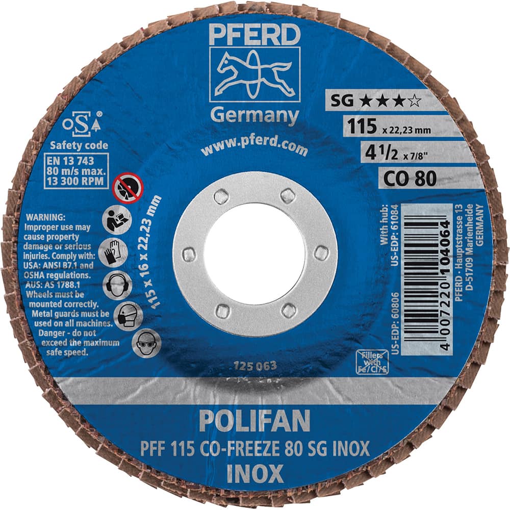 PFERD - Flap Discs; Abrasive Type: Coated ; Flap Disc Type: Type 27 ; Disc Diameter (Inch): 4-1/2 ; Abrasive Material: Ceramic Oxide ; Grit: 80 ; Attaching System: Arbor - Exact Tool & Supply