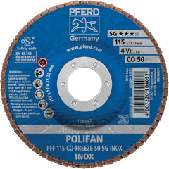 PFERD - Flap Discs; Abrasive Type: Coated ; Flap Disc Type: Type 27 ; Disc Diameter (Inch): 4-1/2 ; Abrasive Material: Ceramic Oxide ; Grit: 50 ; Attaching System: Arbor - Exact Tool & Supply