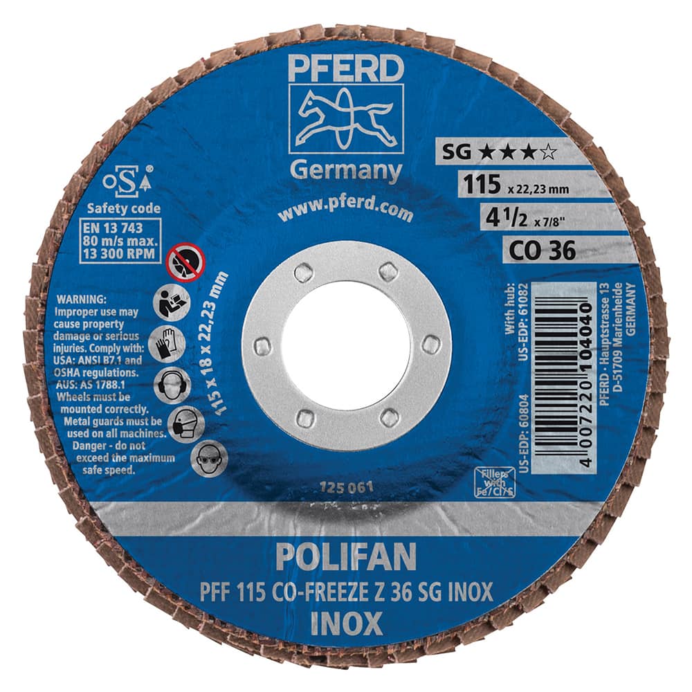 PFERD - Flap Discs; Abrasive Type: Coated ; Flap Disc Type: Type 27 ; Disc Diameter (Inch): 4-1/2 ; Abrasive Material: Ceramic Oxide ; Grit: 36 ; Attaching System: Arbor - Exact Tool & Supply