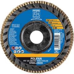 PFERD - Flap Discs; Abrasive Type: Coated ; Flap Disc Type: Type 27 ; Disc Diameter (Inch): 5 ; Abrasive Material: Zirconia Alumina ; Grit: 80 ; Attaching System: Arbor - Exact Tool & Supply