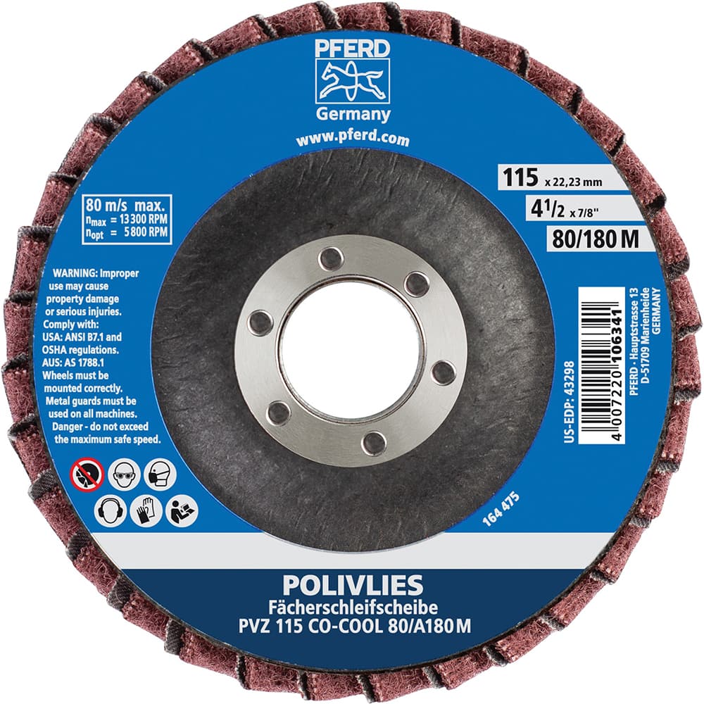 PFERD - Flap Discs; Abrasive Type: Coated ; Flap Disc Type: Compact ; Disc Diameter (Inch): 4-1/2 ; Abrasive Material: Ceramic Oxide ; Grit: 80 ; Attaching System: Arbor - Exact Tool & Supply
