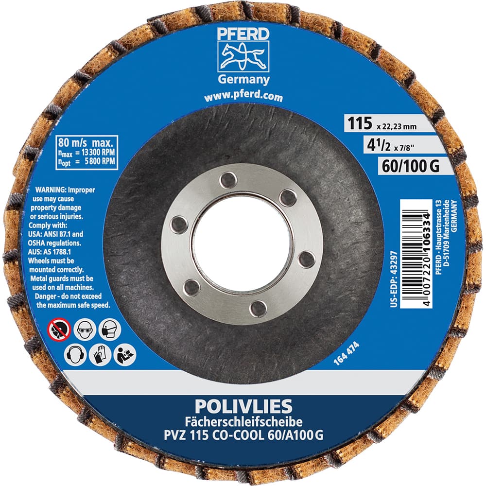 PFERD - Flap Discs; Abrasive Type: Coated ; Flap Disc Type: Compact ; Disc Diameter (Inch): 4-1/2 ; Abrasive Material: Ceramic Oxide ; Grit: 60 ; Attaching System: Arbor - Exact Tool & Supply
