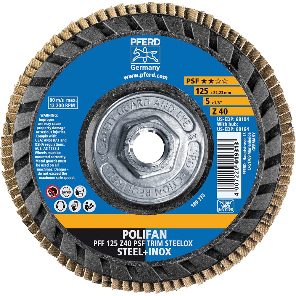 PFERD - Flap Discs; Abrasive Type: Coated ; Flap Disc Type: Type 27 ; Disc Diameter (Inch): 5 ; Abrasive Material: Zirconia Alumina ; Grit: 40 ; Attaching System: Threaded Hole - Exact Tool & Supply