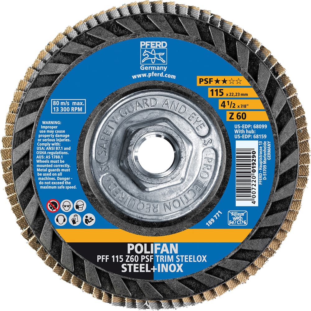 PFERD - Flap Discs; Abrasive Type: Coated ; Flap Disc Type: Type 27 ; Disc Diameter (Inch): 4-1/2 ; Abrasive Material: Zirconia Alumina ; Grit: 60 ; Attaching System: Threaded Hole - Exact Tool & Supply