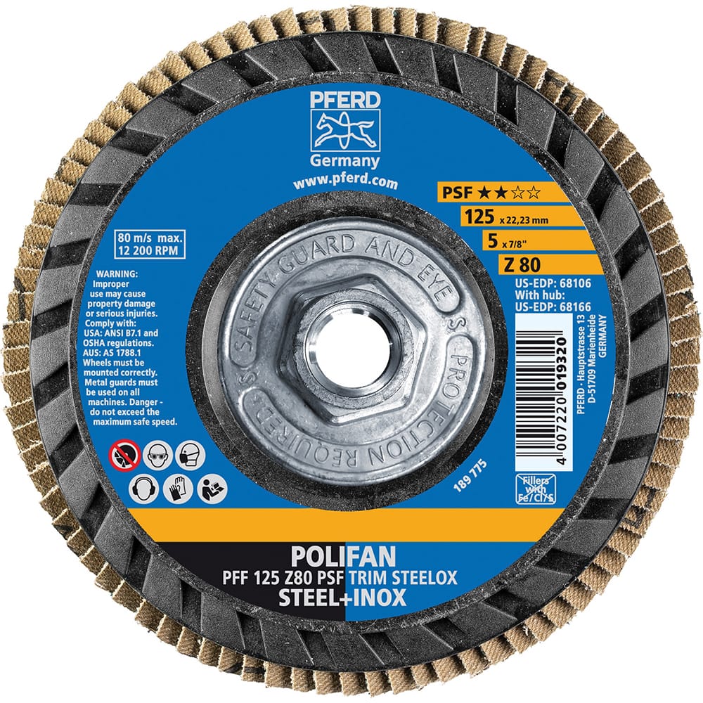 PFERD - Flap Discs; Abrasive Type: Coated ; Flap Disc Type: Type 27 ; Disc Diameter (Inch): 5 ; Abrasive Material: Zirconia Alumina ; Grit: 80 ; Attaching System: Threaded Hole - Exact Tool & Supply
