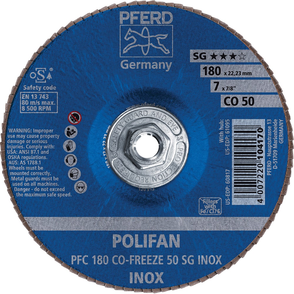 PFERD - Flap Discs; Abrasive Type: Coated ; Flap Disc Type: Type 29 ; Disc Diameter (Inch): 7 ; Abrasive Material: Ceramic Oxide ; Grit: 50 ; Attaching System: Threaded Hole - Exact Tool & Supply