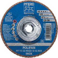 PFERD - Flap Discs; Abrasive Type: Coated ; Flap Disc Type: Type 27 ; Disc Diameter (Inch): 4-1/2 ; Abrasive Material: Ceramic Oxide ; Grit: 50 ; Attaching System: Threaded Hole - Exact Tool & Supply