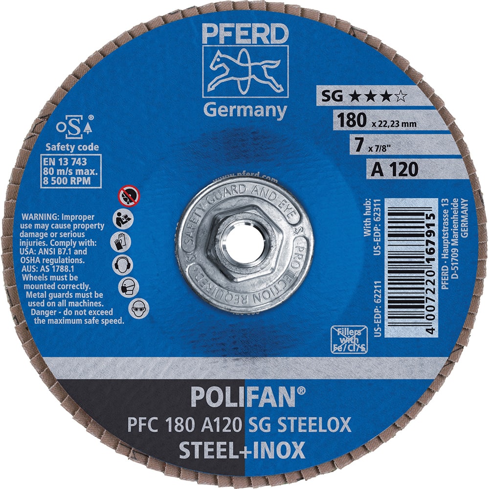 PFERD - Flap Discs; Abrasive Type: Coated ; Flap Disc Type: Type 29 ; Disc Diameter (Inch): 7 ; Abrasive Material: Aluminum Oxide ; Grit: 120 ; Attaching System: Threaded Hole - Exact Tool & Supply