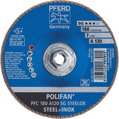 PFERD - Flap Discs; Abrasive Type: Coated ; Flap Disc Type: Type 29 ; Disc Diameter (Inch): 7 ; Abrasive Material: Aluminum Oxide ; Grit: 120 ; Attaching System: Threaded Hole - Exact Tool & Supply