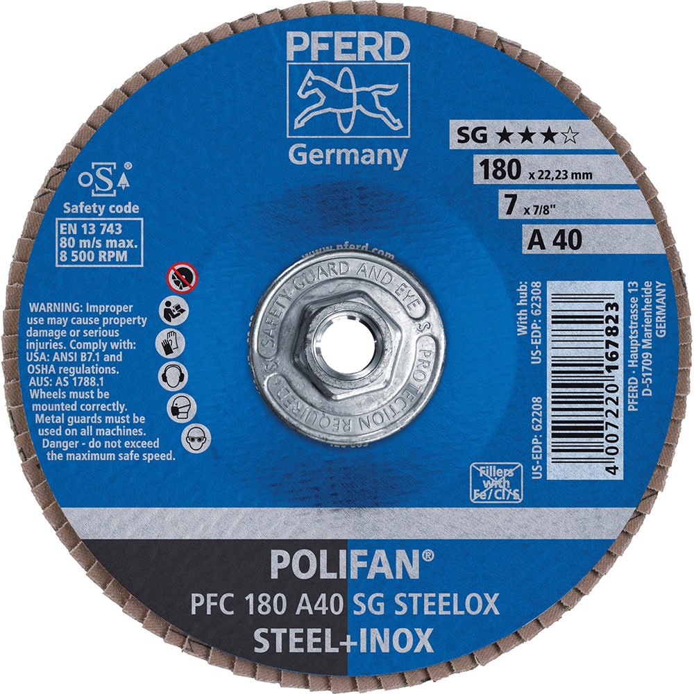 PFERD - Flap Discs; Abrasive Type: Coated ; Flap Disc Type: Type 29 ; Disc Diameter (Inch): 7 ; Abrasive Material: Aluminum Oxide ; Grit: 40 ; Attaching System: Threaded Hole - Exact Tool & Supply