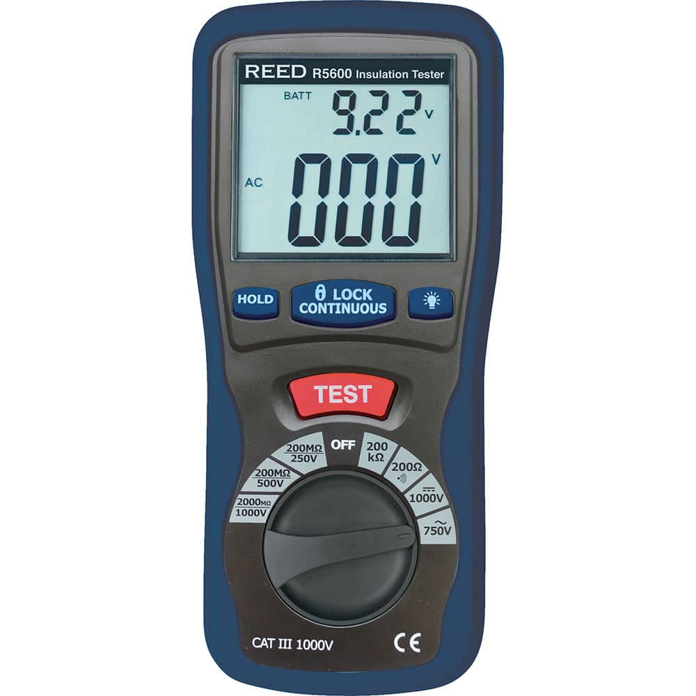 REED Instruments - Electrical Insulation Resistance Testers & Megohmmeters; Display Type: Digital LCD ; Power Supply: (6) AAA Batteries ; Resistance Capacity (Megohm): 2000 ; Maximum Test Voltage: 1000 V ; Category Rating: CAT III @ 1000 V ; Accuracy ? ( - Exact Tool & Supply