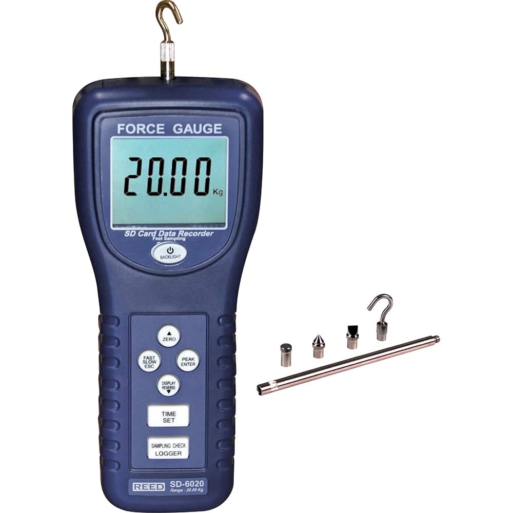 REED Instruments - Digital Tension & Compression Force Gages; Capacity (lbf): 44.10 ; Capacity (N): 196.12 ; Capacity (kgf): 20.00 ; Resolution (lbf): 0.0100 ; Resolution (kgf): 0.0100 ; Resolution (N): 0.0200 - Exact Tool & Supply
