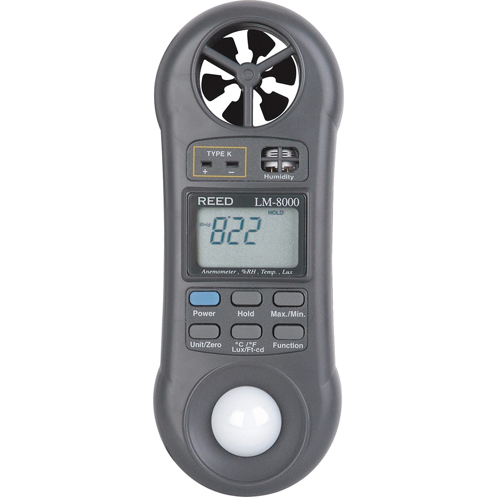 REED Instruments - Airflow Meters & Thermo-Anemometers; Type: Anemometer/Hygrometer/Thermometer/Light Meter ; Maximum Air Velocity ft/min (Feet): 5910 ; Min Air Velocity ft/min (Feet): 80 ; Min Air Velocity km/hr: 0.200 ; Min Air Velocity knots: 0.800 ; - Exact Tool & Supply