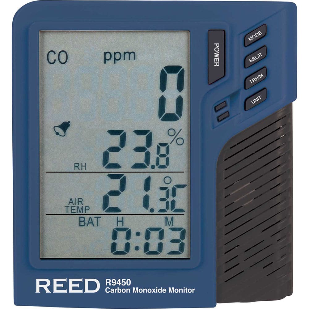 REED Instruments - Natural Gas, Carbon Monoxide & Refrigerant Detectors; Type: CO Meter ; Function: Measures carbon monoxide (CO), air temperature and relative humidity ; Height (Decimal Inch): 1.100000 ; Height (mm): 28.0000 ; Length (Decimal Inch): 4.4 - Exact Tool & Supply