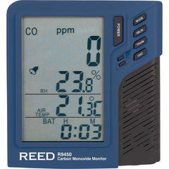 REED Instruments - Natural Gas, Carbon Monoxide & Refrigerant Detectors; Type: CO Meter ; Function: Measures carbon monoxide (CO), air temperature and relative humidity ; Height (Decimal Inch): 1.100000 ; Height (mm): 28.0000 ; Length (Decimal Inch): 4.4 - Exact Tool & Supply