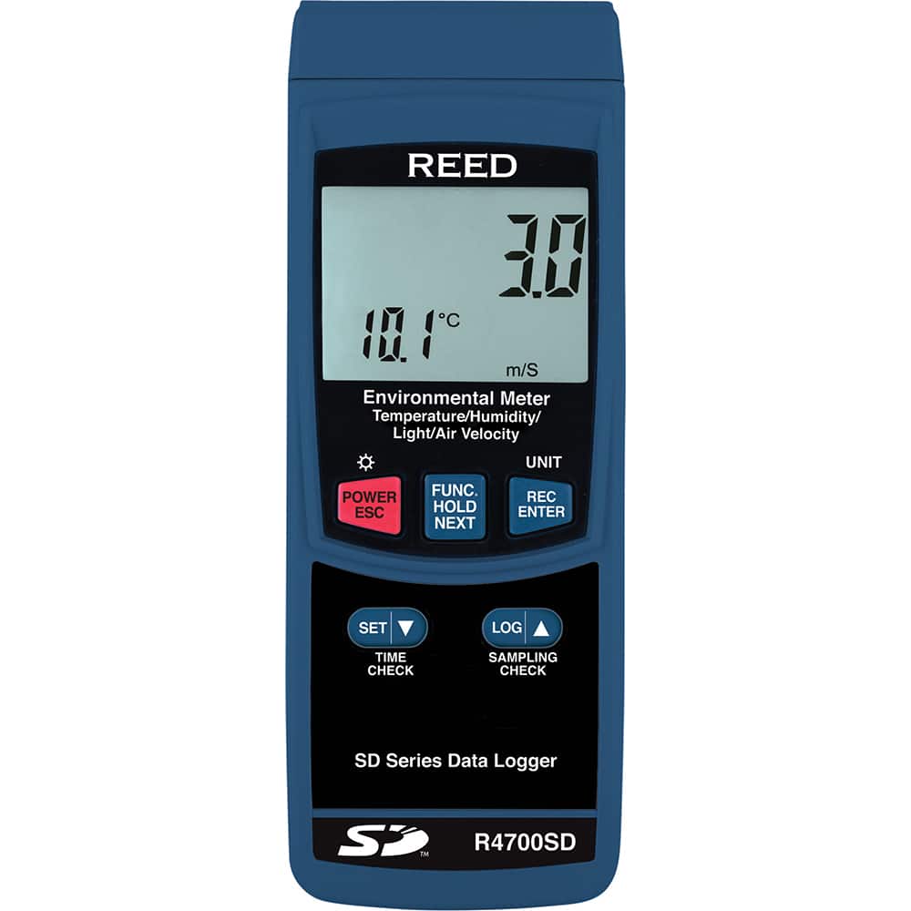 REED Instruments - Airflow Meters & Thermo-Anemometers; Type: Environmental Meter ; Maximum Air Velocity ft/min (Feet): 5906 ; Min Air Velocity ft/min (Feet): 79 ; Min Air Velocity km/hr: 0.400 ; Min Air Velocity knots: 0.800 ; Min Air Velocity mph: 0.90 - Exact Tool & Supply