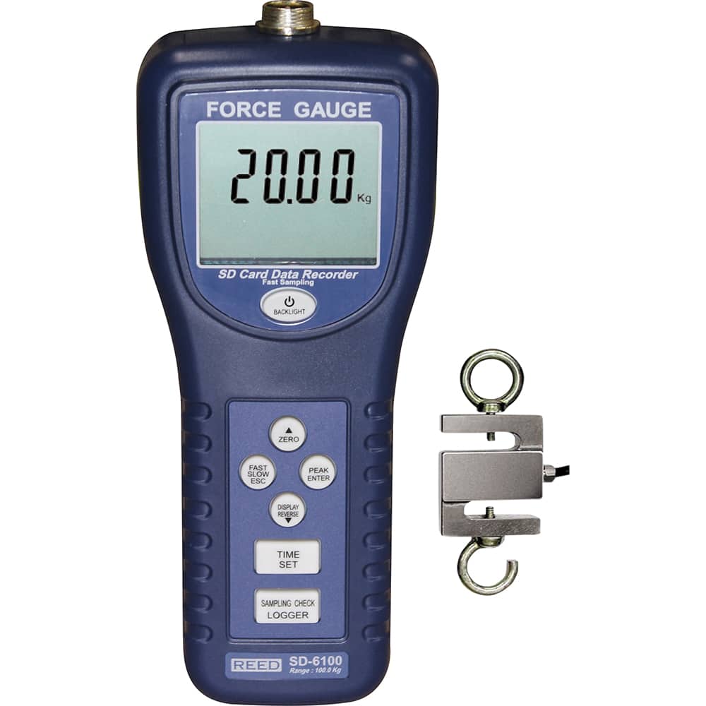 REED Instruments - Digital Tension & Compression Force Gages; Capacity (lbf): 220.50 ; Capacity (N): 980.60 ; Capacity (kgf): 100.00 ; Resolution (lbf): 0.0200 ; Resolution (kgf): 0.1500 ; Resolution (N): 0.0200 - Exact Tool & Supply
