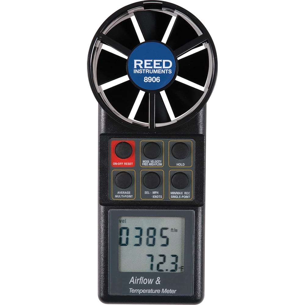 REED Instruments - Airflow Meters & Thermo-Anemometers; Type: Airflow Meter ; Maximum Air Velocity ft/min (Feet): 6900 ; Min Air Velocity ft/min (Feet): 80 ; Min Air Velocity km/hr: 0.400 ; Min Air Velocity knots: 0.800 ; Min Air Velocity mph: 0.9000 - Exact Tool & Supply