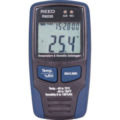 REED Instruments - Thermometer/Hygrometers & Barometers; Type: Temperature/Humidity Recorder ; Minimum Relative Humidity (%): 0 ; Maximum Relative Humidity (%): 100.00 ; Minimum Temperature (C): -40.00 ; Minimum Temperature (F): -40.000 ; Maximum Tempera - Exact Tool & Supply