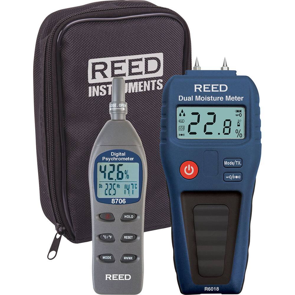 REED Instruments - Moisture Meters & Analyzers; Type: Dual Moisture Meter ; Applications: Construction and Building Projects Remediation and Restoration Woodworking ; Accuracy (Percentage): Pin Mode: ?(3% + 5 dgt.) ; Minimum Operating Temperature (F): 41 - Exact Tool & Supply