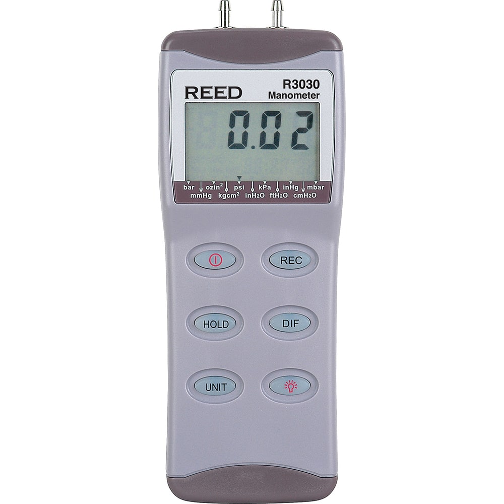 REED Instruments - Differential Pressure Gauges & Switches; Type: Differential Pressure Manometer ; Maximum Pressure (psi): 30.00 ; Accuracy (Percentage): ?0.3% FS ; Maximum Water Column (Decimal Inch): 830.40 ; Temperature Range: 32 to 122?F - Exact Tool & Supply