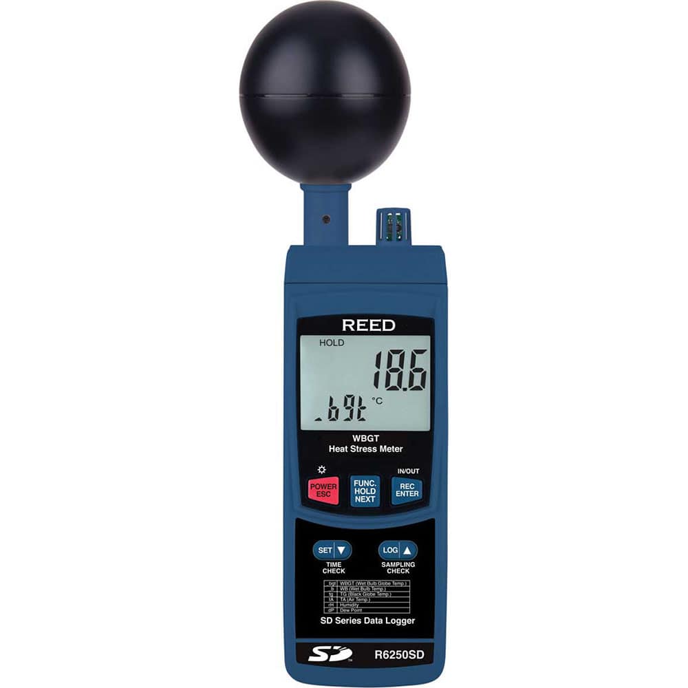 REED Instruments - Thermometer/Hygrometers & Barometers; Type: Heat Stress WBGT Recorder ; Minimum Relative Humidity (%): 5 ; Maximum Relative Humidity (%): 95.00 ; Minimum Temperature (C): 0.00 ; Minimum Temperature (F): 32.000 ; Maximum Temperature (C) - Exact Tool & Supply