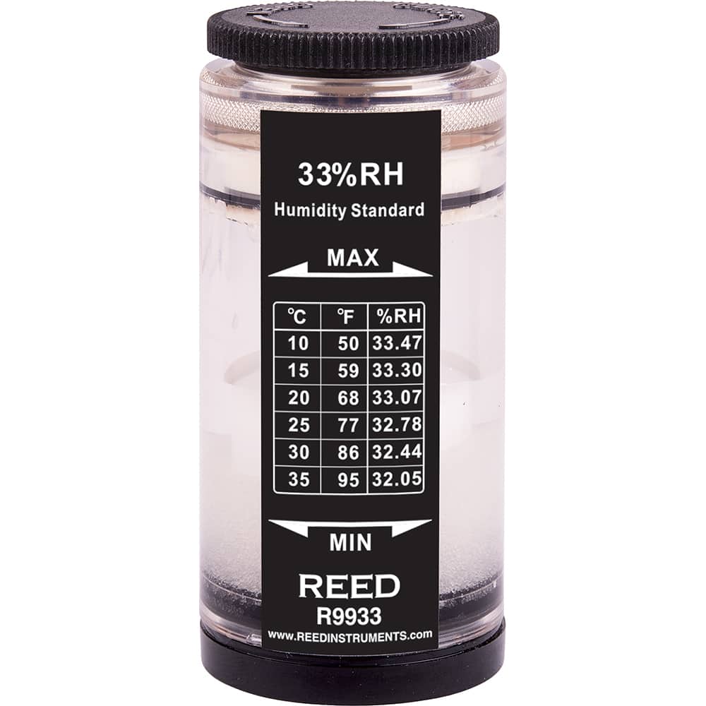 REED Instruments - Thermometer/Hygrometers & Barometers; Type: Humidity Calibration Standard ; Minimum Relative Humidity (%): 32 ; Maximum Relative Humidity (%): 33.47 ; Minimum Temperature (C): 10.00 ; Minimum Temperature (F): 50.000 ; Maximum Temperatu - Exact Tool & Supply