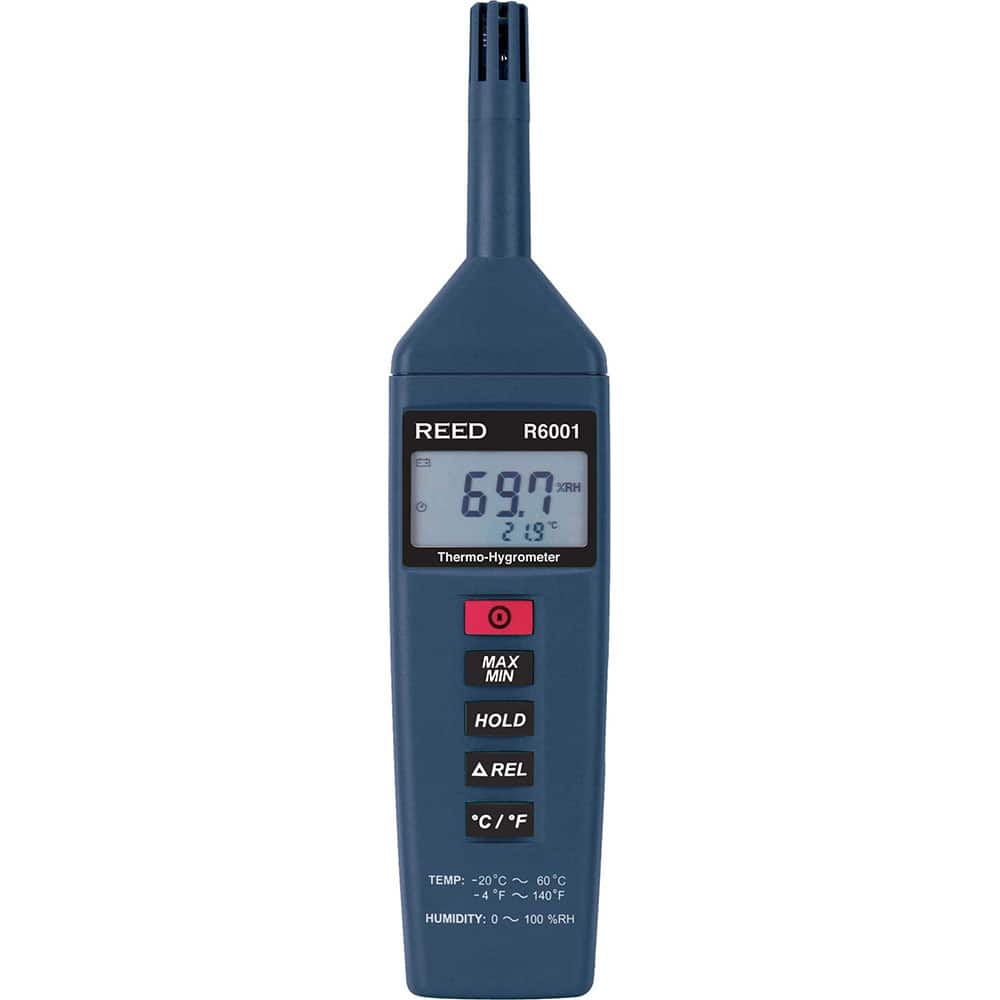 REED Instruments - Thermometer/Hygrometers & Barometers; Type: Thermo-Hygrometer ; Minimum Relative Humidity (%): 0 ; Maximum Relative Humidity (%): 100.00 ; Minimum Temperature (C): -20.00 ; Minimum Temperature (F): -4.000 ; Maximum Temperature (C): 60. - Exact Tool & Supply