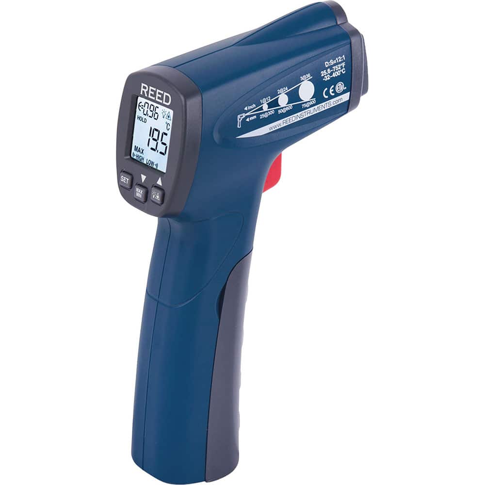 REED Instruments - Infrared Thermometers; Minimum Temperature (C): -32.00 ; Minimum Temperature (F): -25.600 ; Maximum Temperature (C): 400.00 ; Maximum Temperature (F): 752.000 ; Distance to Spot Ratio: 12:1 ; Power Supply: (1) 9V Battery - Exact Tool & Supply