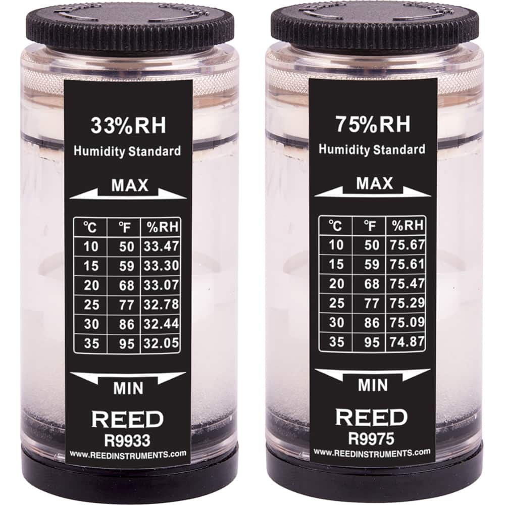 REED Instruments - Thermometer/Hygrometers & Barometers; Type: Humidity Calibration Standard ; Minimum Relative Humidity (%): 32 ; Maximum Relative Humidity (%): 75.67 ; Minimum Temperature (C): 10.00 ; Minimum Temperature (F): 50.000 ; Maximum Temperatu - Exact Tool & Supply