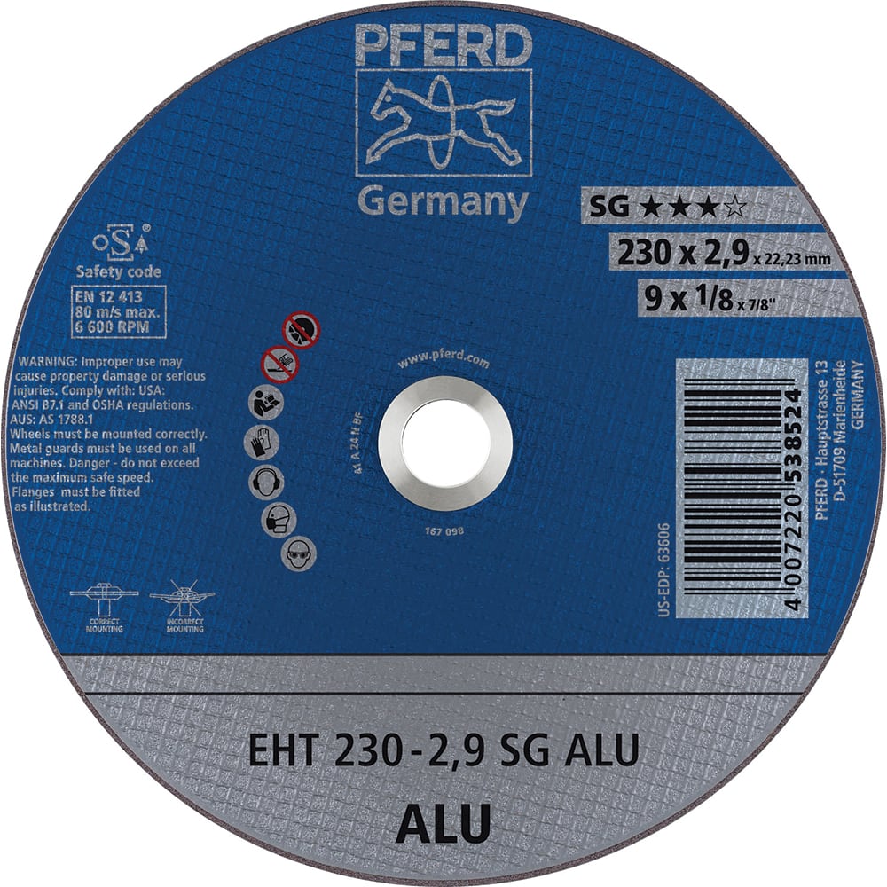 PFERD - Cutoff Wheels; Tool Compatibility: Angle Grinder ; Wheel Diameter (Inch): 9 ; Wheel Thickness (Inch): 1/8 ; Abrasive Material: Aluminum Oxide/Silicon Carbide ; Maximum RPM: 6600.000 ; Grit: 30 - Exact Tool & Supply