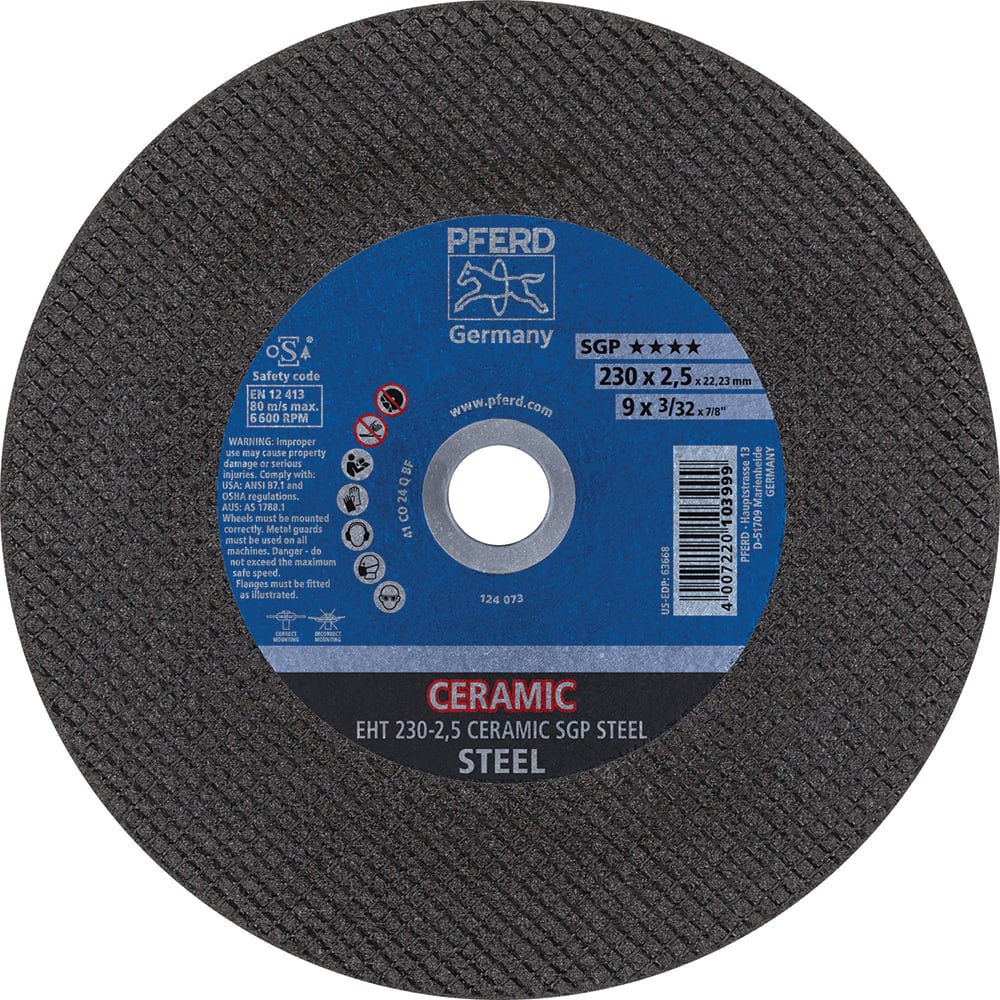 PFERD - Cutoff Wheels; Tool Compatibility: Angle Grinder ; Wheel Diameter (Inch): 9 ; Wheel Thickness (Inch): 3/32 ; Abrasive Material: Ceramic Oxide ; Maximum RPM: 6600.000 ; Grit: 46 - Exact Tool & Supply