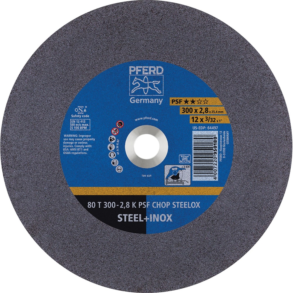 PFERD - Cutoff Wheels; Tool Compatibility: Chop Saw ; Wheel Diameter (Inch): 12 ; Wheel Thickness (Inch): 3/32 ; Abrasive Material: Aluminum Oxide ; Maximum RPM: 5100.000 ; Grit: 36 - Exact Tool & Supply