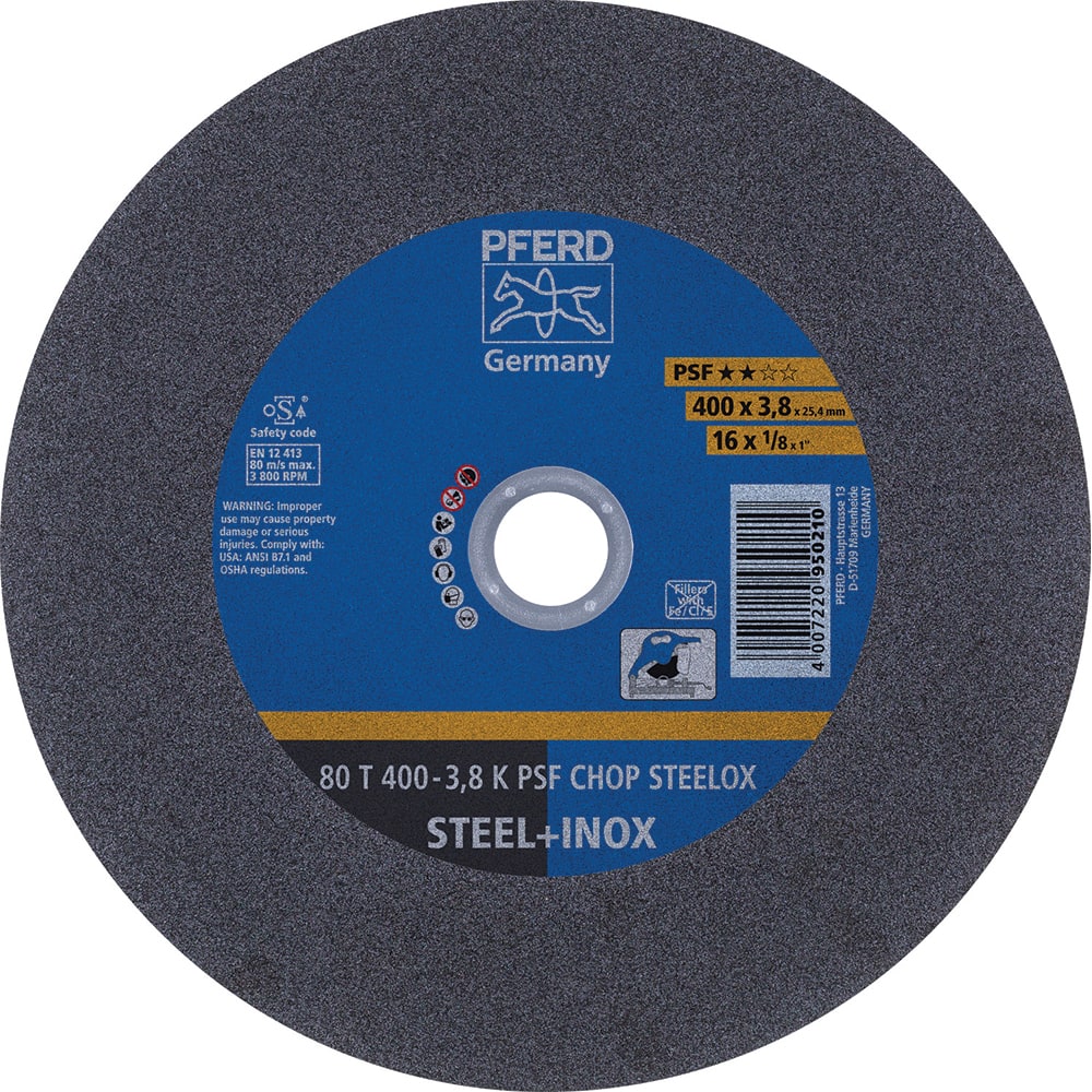 PFERD - Cutoff Wheels; Tool Compatibility: Chop Saw ; Wheel Diameter (Inch): 16 ; Wheel Thickness (Inch): 1/8 ; Abrasive Material: Aluminum Oxide ; Maximum RPM: 3800.000 ; Grit: 36 - Exact Tool & Supply