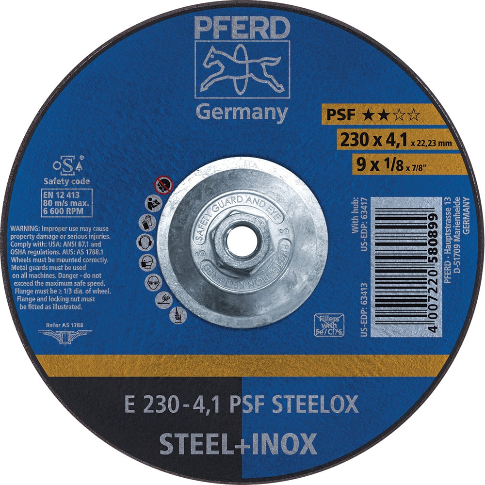 PFERD - Depressed-Center Wheels; Hole Thread Size: 5/8-11 ; Connector Type: Arbor ; Wheel Type Number: Type 27 ; Abrasive Material: Aluminum Oxide ; Maximum RPM: 6600.000 ; Bond Type: Resinoid - Exact Tool & Supply