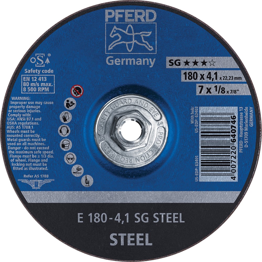 PFERD - Depressed-Center Wheels; Hole Thread Size: 5/8-11 ; Connector Type: Arbor ; Wheel Type Number: Type 27 ; Abrasive Material: Aluminum Oxide ; Maximum RPM: 8500.000 ; Bond Type: Resinoid - Exact Tool & Supply