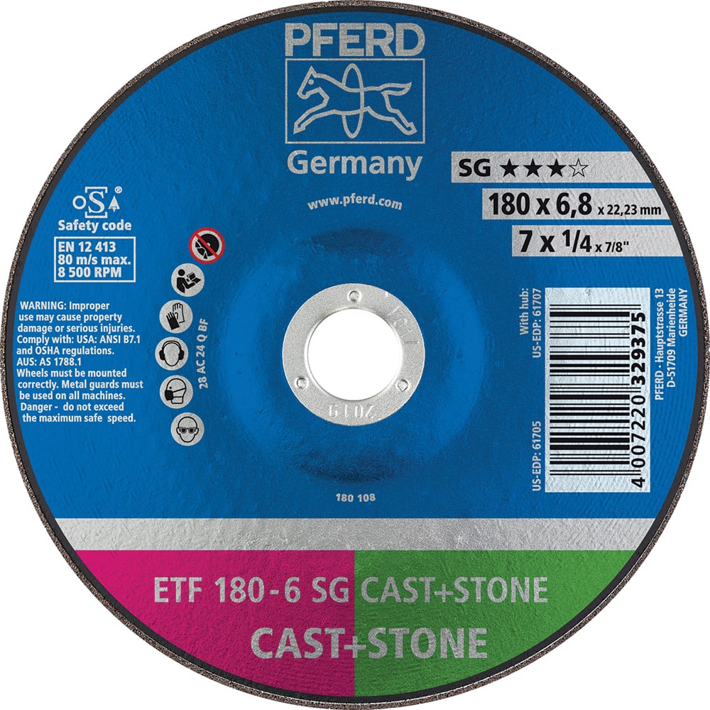 PFERD - Depressed-Center Wheels; Hole Size (Inch): 7/8 ; Connector Type: Arbor ; Wheel Type Number: Type 28 ; Abrasive Material: Aluminum Oxide/Silicon Carbide ; Maximum RPM: 8500.000 ; Bond Type: Resinoid - Exact Tool & Supply