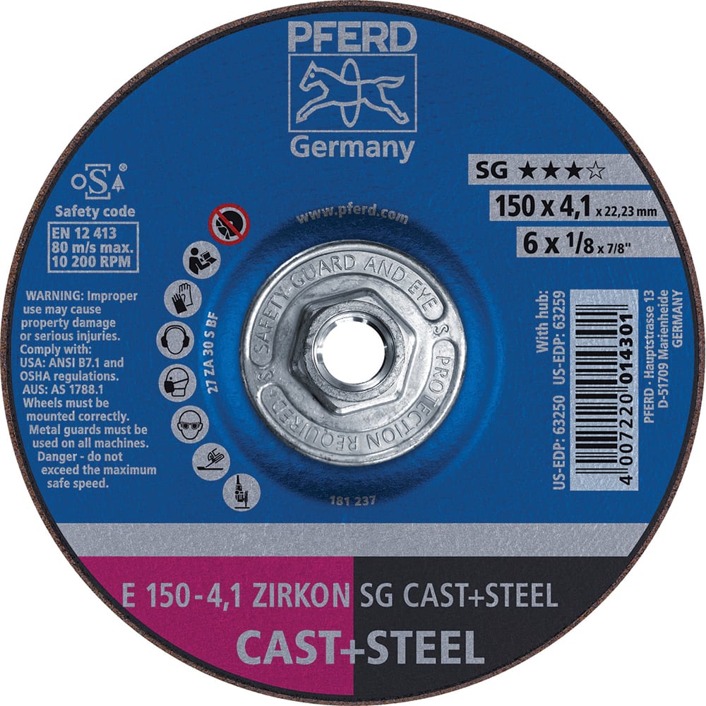 PFERD - Depressed-Center Wheels; Hole Thread Size: 5/8-11 ; Connector Type: Arbor ; Wheel Type Number: Type 27 ; Abrasive Material: Aluminum-Oxide; Zirconia Alumina ; Maximum RPM: 10200.000 ; Grit: 30 - Exact Tool & Supply
