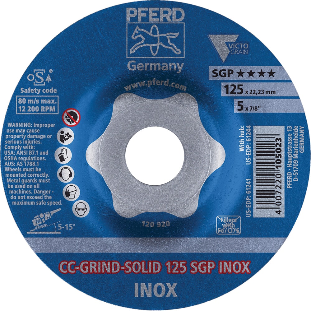 PFERD - Depressed-Center Wheels; Hole Size (Inch): 7/8 ; Connector Type: Arbor ; Wheel Type Number: Type 1 ; Abrasive Material: Steel ; Maximum RPM: 12200.000 ; Tool Compatibility: Angle Grinders - Exact Tool & Supply