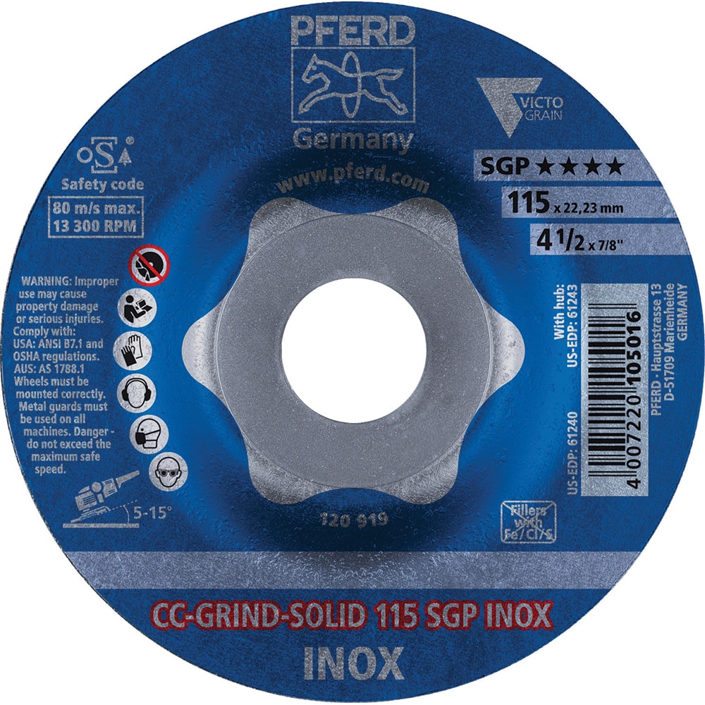 PFERD - Depressed-Center Wheels; Hole Size (Inch): 7/8 ; Connector Type: Arbor ; Wheel Type Number: Type 1 ; Abrasive Material: Steel ; Maximum RPM: 13300.000 ; Tool Compatibility: Angle Grinders - Exact Tool & Supply