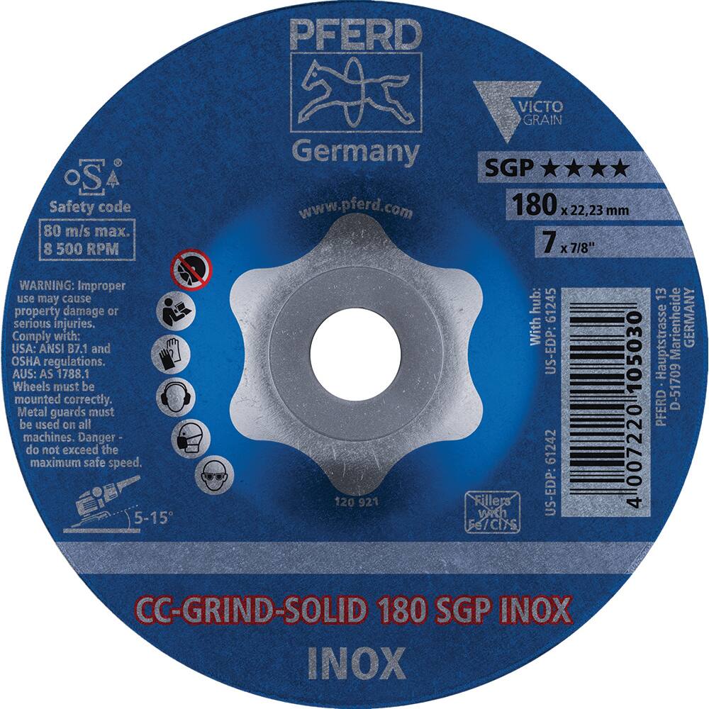 PFERD - Depressed-Center Wheels; Hole Size (Inch): 7/8 ; Connector Type: Arbor ; Wheel Type Number: Type 1 ; Abrasive Material: Ceramic Oxide; Aluminum Oxide ; Maximum RPM: 8500.000 ; Tool Compatibility: Angle Grinders - Exact Tool & Supply