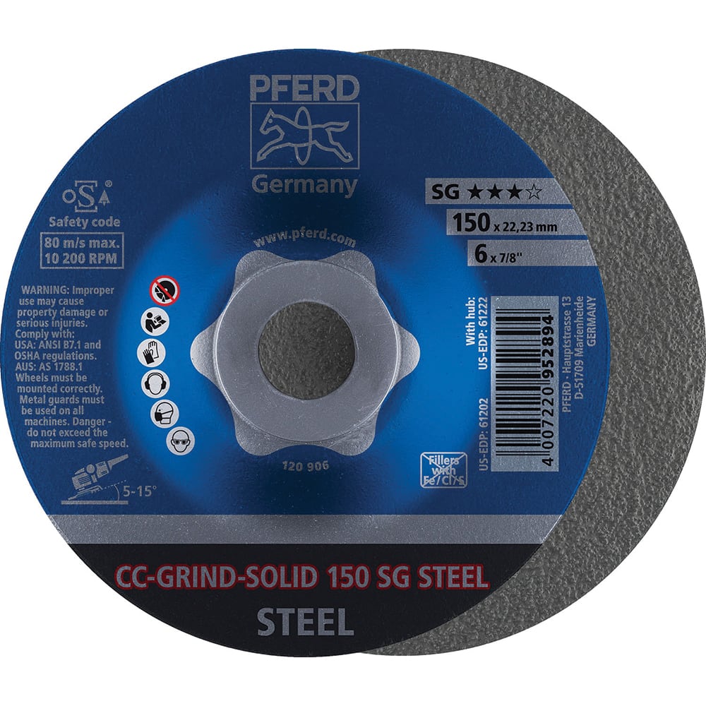 PFERD - Depressed-Center Wheels; Hole Size (Inch): 7/8 ; Connector Type: Arbor ; Wheel Type Number: Type 1 ; Abrasive Material: Steel ; Maximum RPM: 10200.000 ; Tool Compatibility: Angle Grinders - Exact Tool & Supply