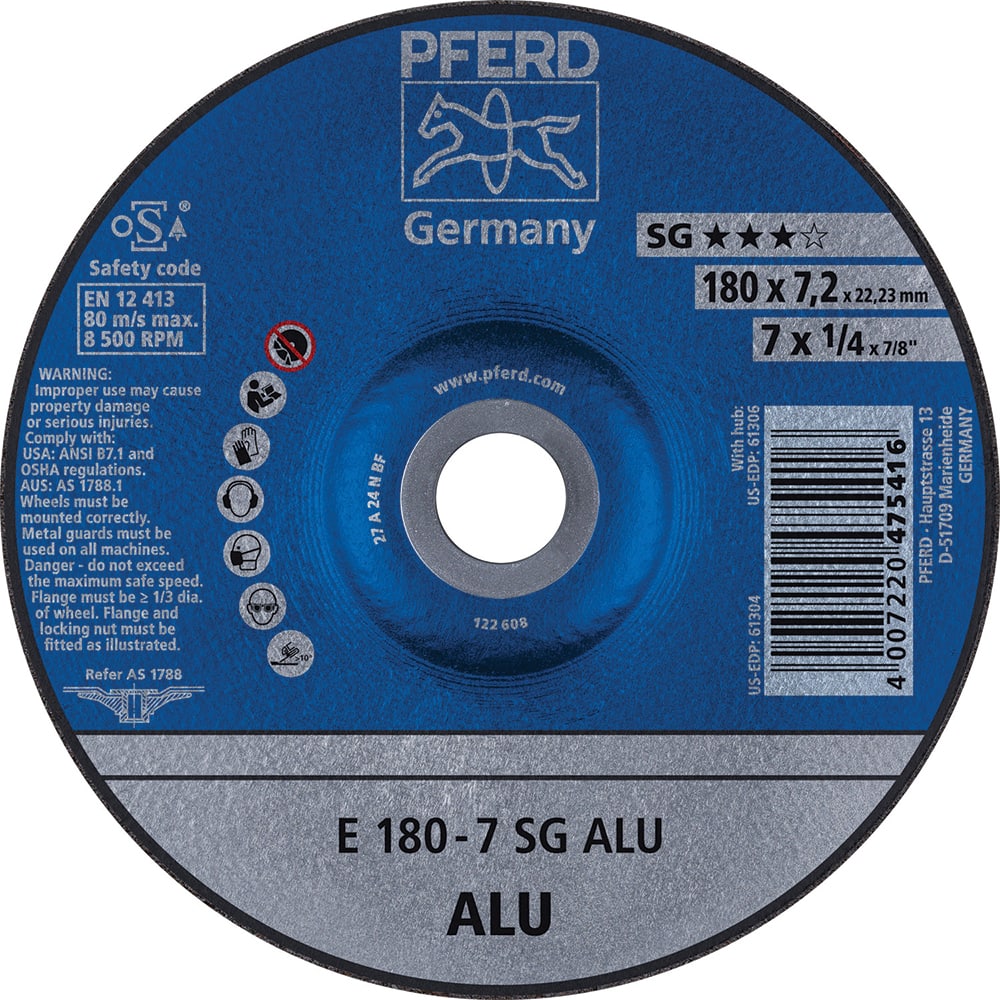PFERD - Depressed-Center Wheels; Hole Size (Inch): 7/8 ; Connector Type: Arbor ; Wheel Type Number: Type 27 ; Abrasive Material: Aluminum Oxide/Silicon Carbide ; Maximum RPM: 8500.000 ; Bond Type: Resinoid - Exact Tool & Supply